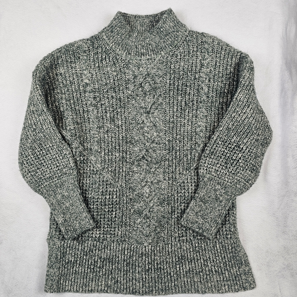 Fat Face Women's Mock Neck Cable Knit Chunky Sweater Wool Blend Green White Cozy